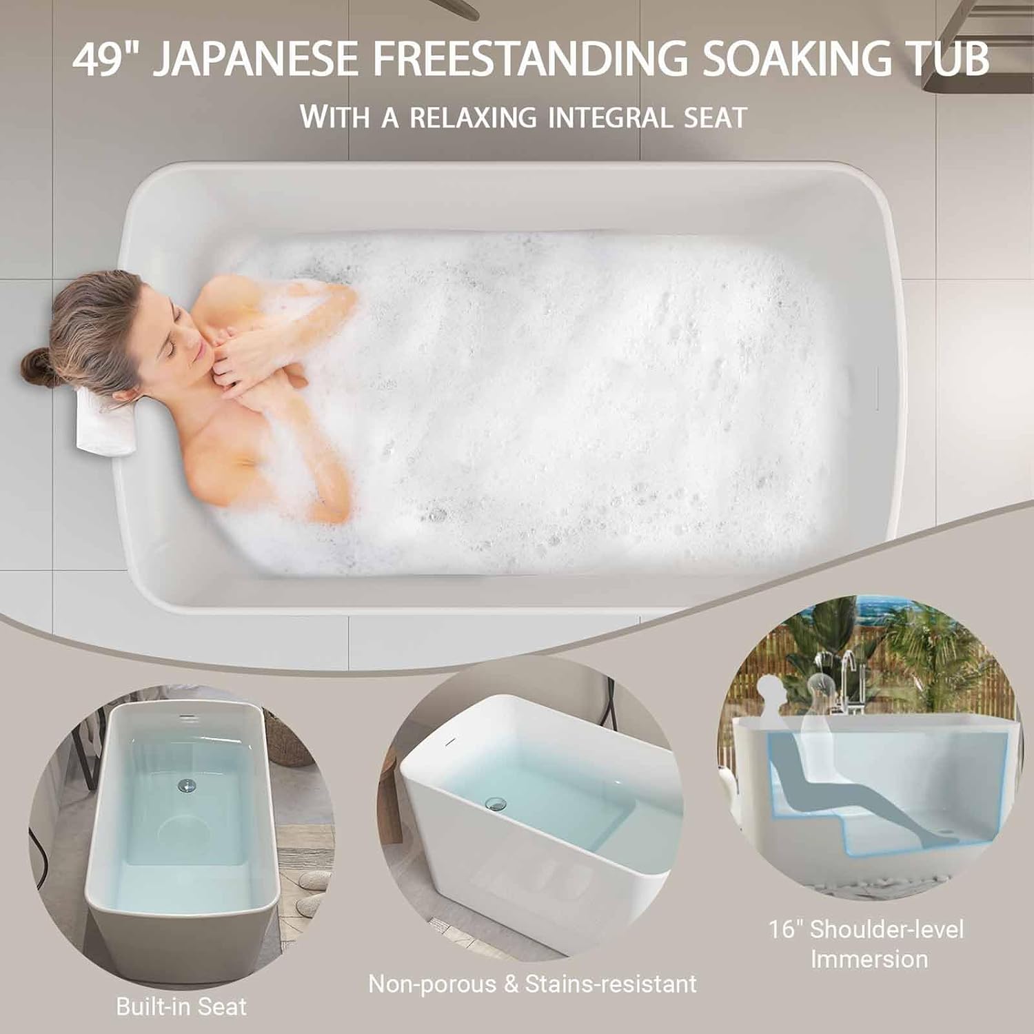 49' Rectangular Freestanding Soaking Bathtub with Chrome Overflow and Drain, Acrylic Stand Alone Tub with Seat, Japanese Soaking Tub for Bathroom, R-Corner Design, Ergonomic (White+Seat, 49')