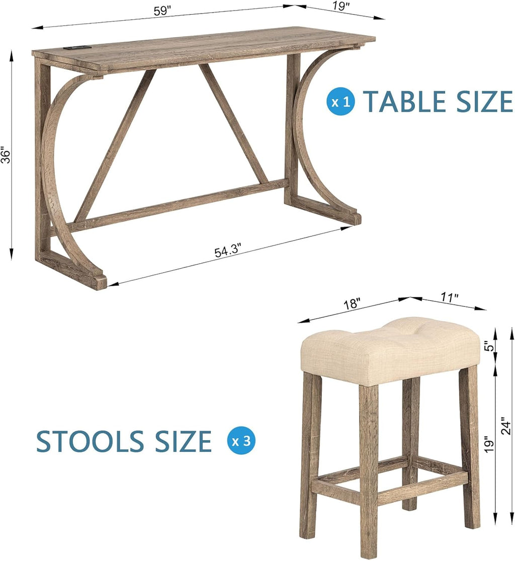 Polibi 4-Piece Farmhouse Counter Height Dining Set,Bar Table and Chairs Set,Bar Table with Power Outlet and 3 Padded Saddle Seat Stools for Living Room,Dining Room,Game Room,Brown