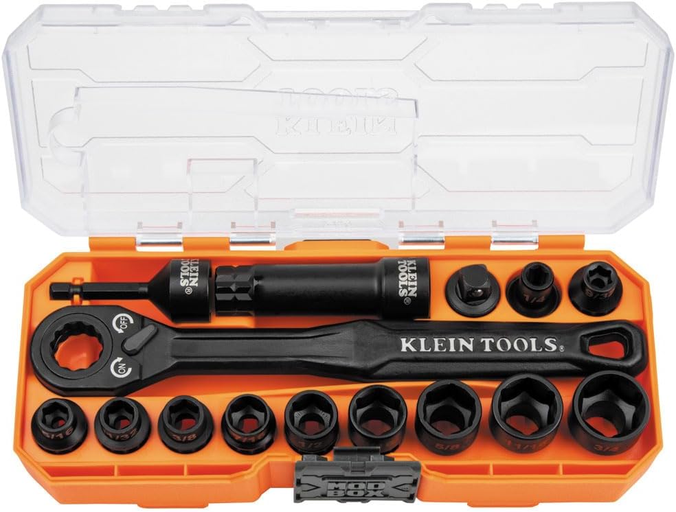 Klein Tools 15-Piece 3/8-Inch Impact Socket Set with Pass Through Head and 64-Piece Micro-Ratchet Precision Driver Set with Magnetic Bits and Nut Drivers