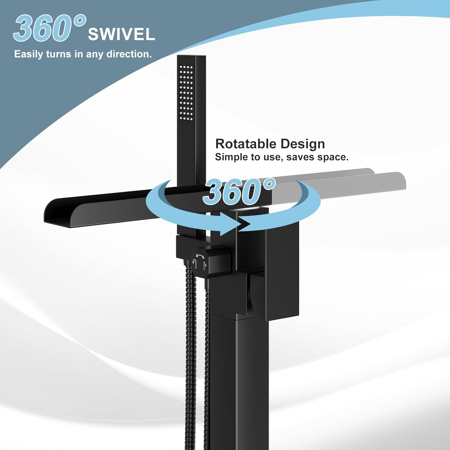 HAWKROWN Freestanding Bathtub Faucet, Floor Mount Bathtub Faucet with 2 Water Outlet Modes, Swivel Gooseneck Spout with Hand Shower,Single Handle, Max Flow Rate 7.4 GPM (Waterfall-Black)