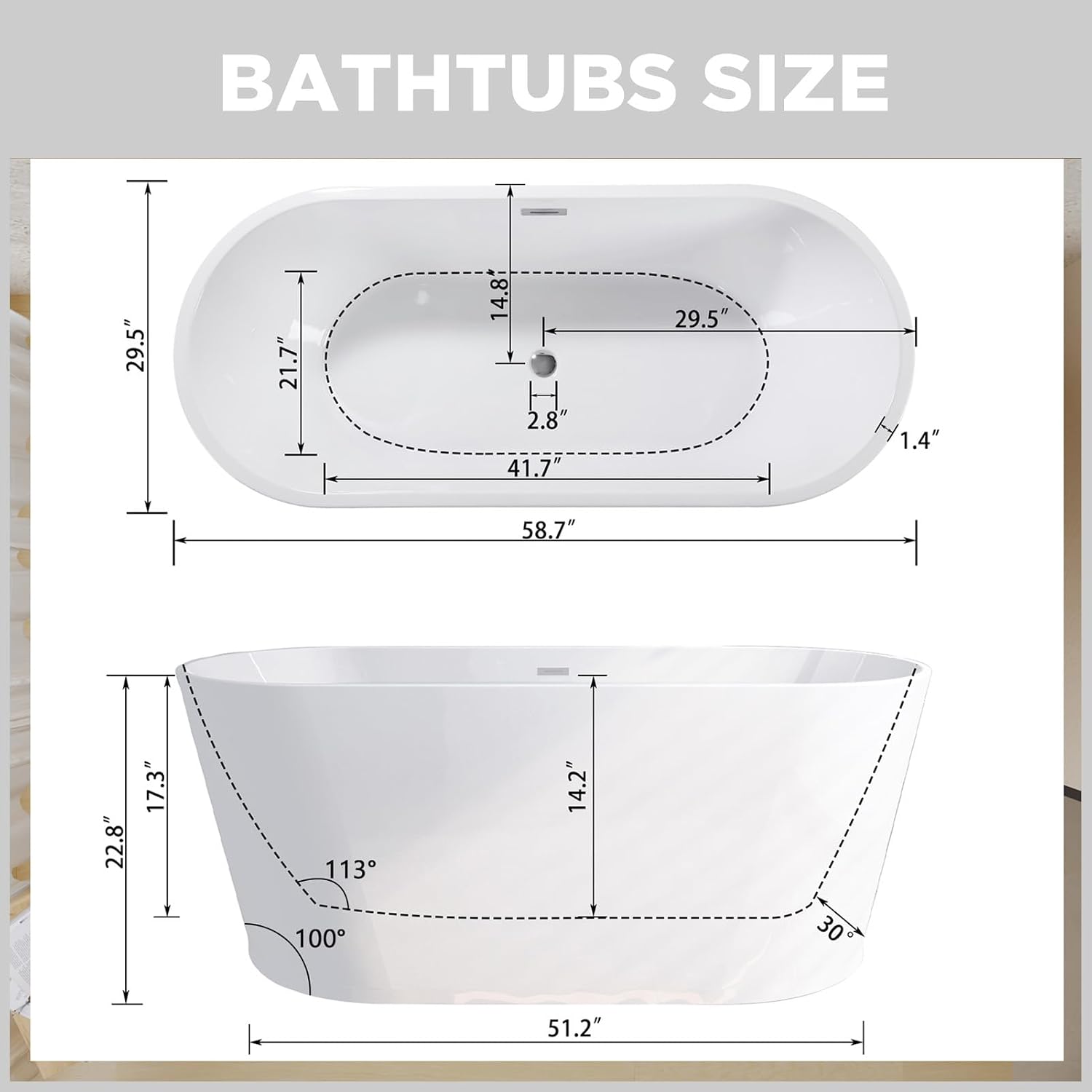 59' Acrylic Bathtub Free Standing Bath Tub for Bathroom, Contemporary Stand Alone Soaking Tub with Toe-Tap Chrome Drain & Overflow & Adjustable Feet, Gloss White