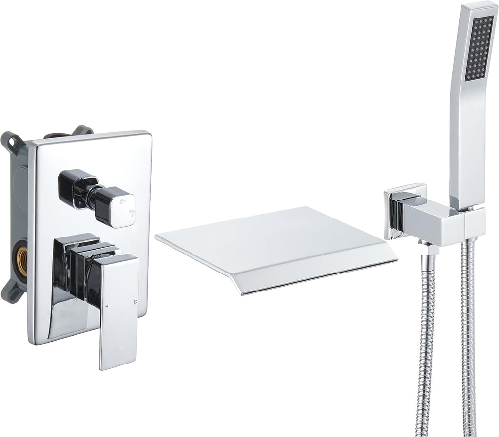 Upgraded Wall Mount Tub Filler Faucet with Handheld Shower, DASAN Modern Wall Mounted Bathtub Faucet Chrome High Flow Waterfall Tub Faucet with Rough in Valve, SA-TF04WH-PC