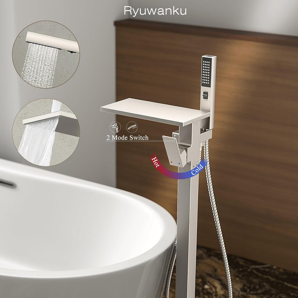 Freestanding Bathtub Faucet with Handheld Sprayer, Brushed Nickel Floor Mount Tub Filler, High Flow Waterfall Brass Bath Shower Faucet for Modern Bathroom