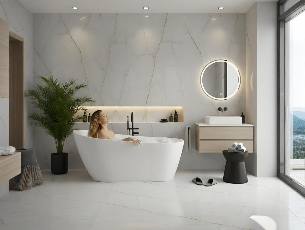 Freestanding Bathtub 67 inch Acrylic Oval Soaking Tub – All-White Design with Chrome Drain and Overflow Cover, Contemporary Stand Alone Bath for Family or Guest Use