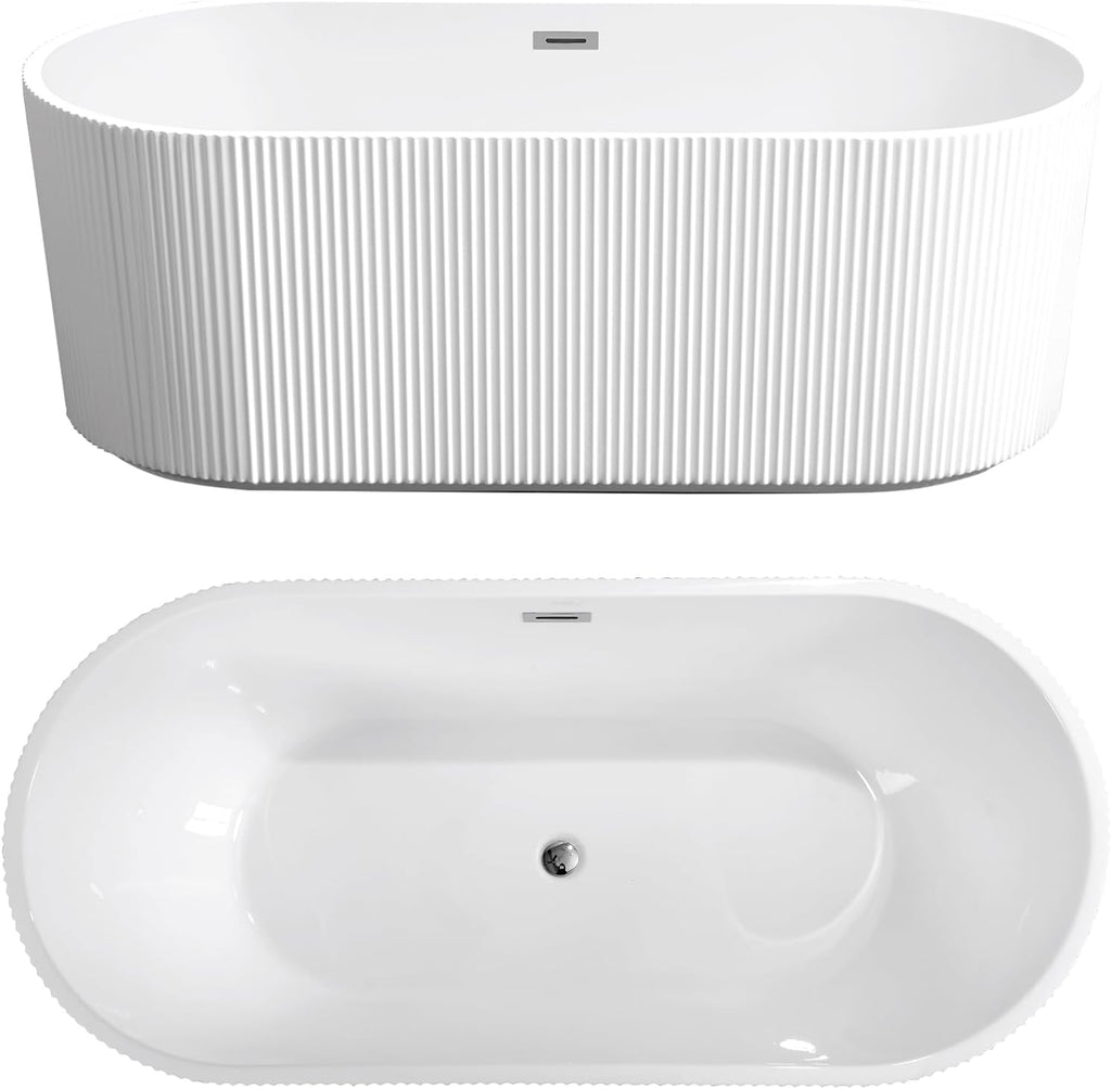 59' Acrylic Bath Tub Glossy White Linear Freestanding Bathtub Modern 55 Gal Stand Alone Soaking Tub with Pop-Up Chrome Drain & Overflow for Indoor Bathing