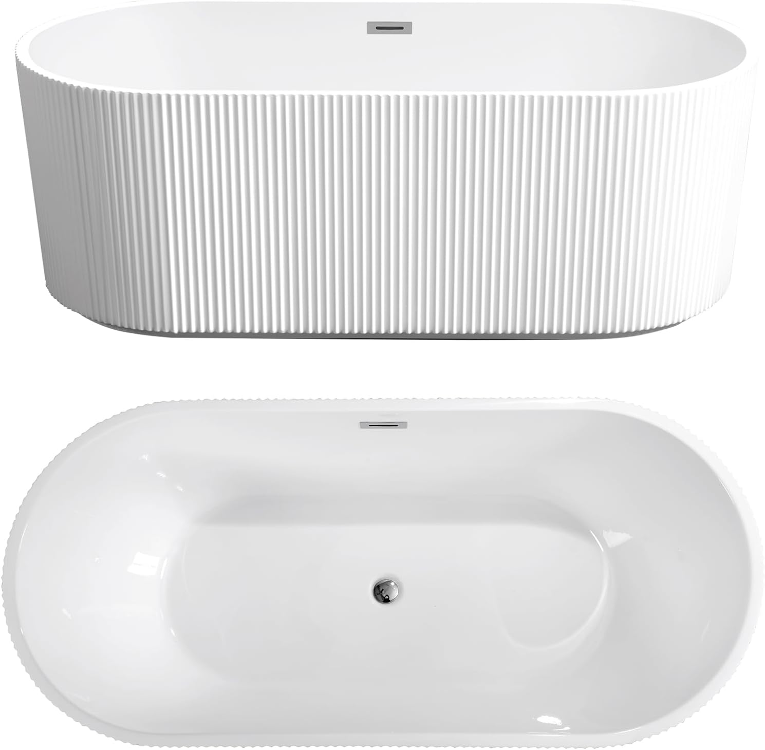 59' Acrylic Bath Tub Glossy White Linear Freestanding Bathtub Modern 55 Gal Stand Alone Soaking Tub with Pop-Up Chrome Drain & Overflow for Indoor Bathing