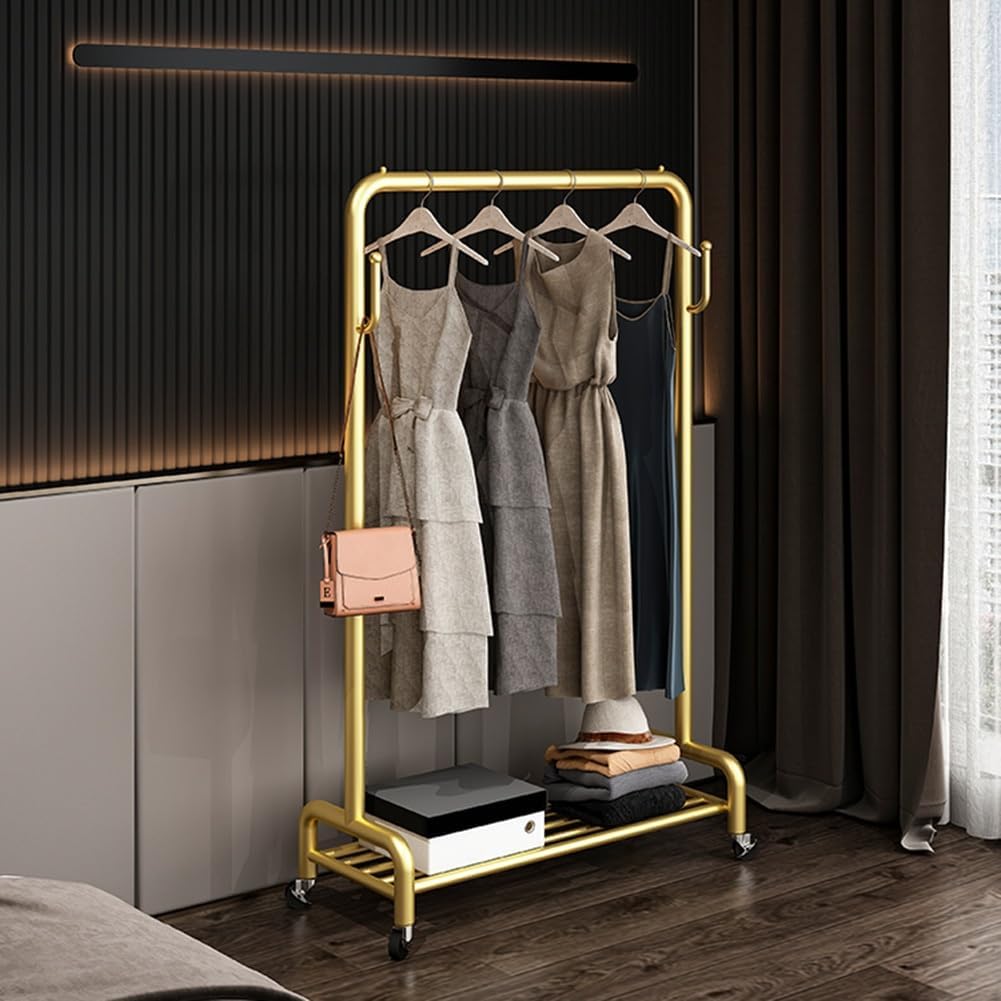 Rolling Clothes Rail with Hooks and Storage Shelf, Freestanding Clothing Garment Rack with Wheels, Clothes Organizer for Bedroom, Laundry Room (Color : Gold, Size : 80x40x130cm)