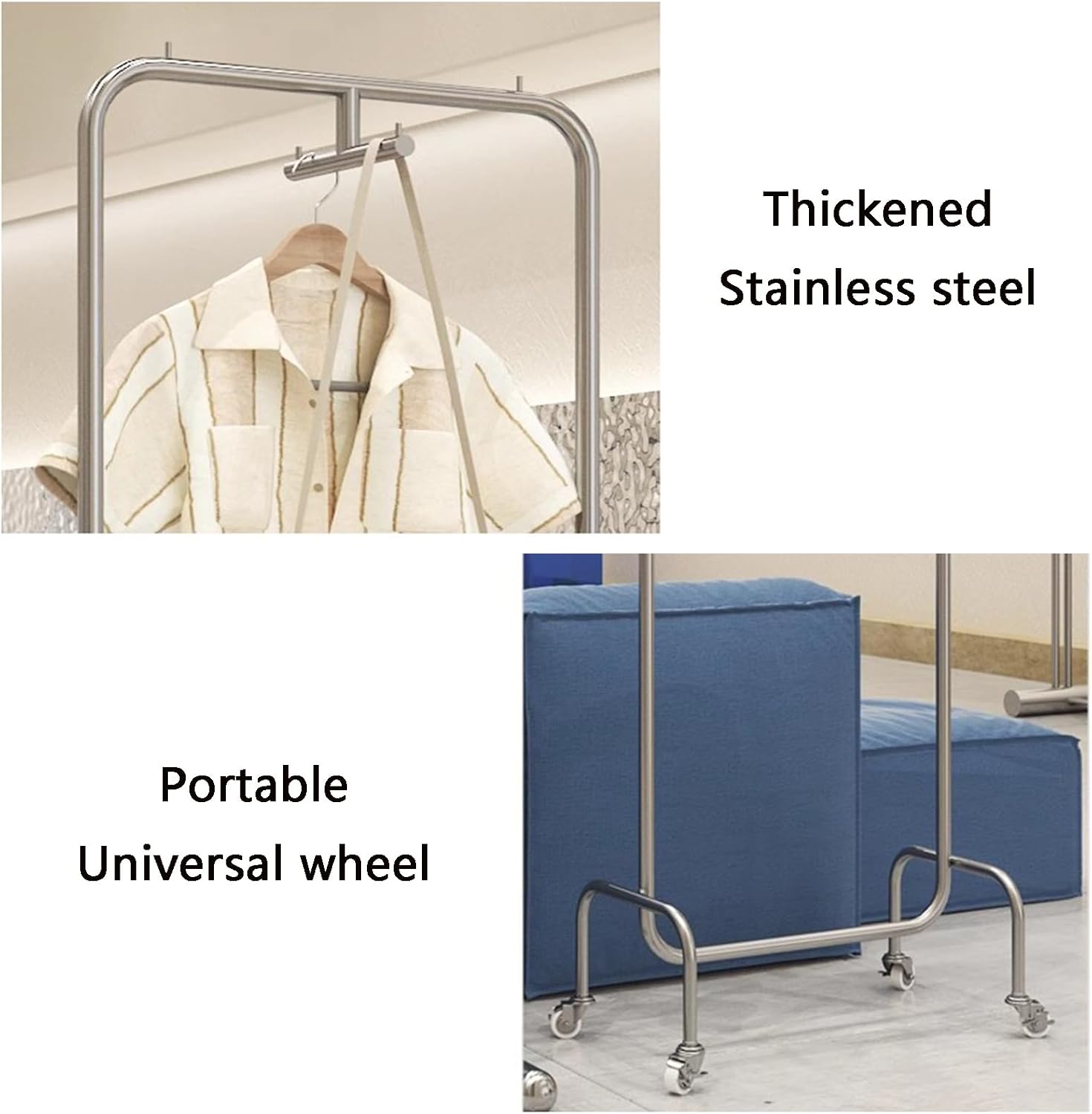 Heavy duty Garment rack Silver Stainless Steel Clothes Rack On Wheel Rolling Clothing Rack For Hanging And Display Clothes Commercial Clothes Rail Space-Saving Coat Rack For Bedrooms And Boutiques