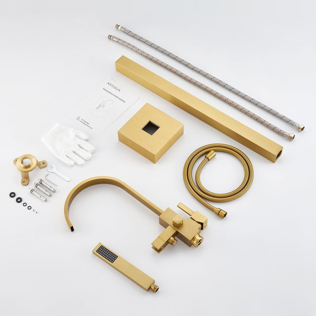 Freestanding Bathtub Faucet Floor Mount Tub Filler Brushed Gold Brass Bathroom Faucets Single Handle with Hand Shower