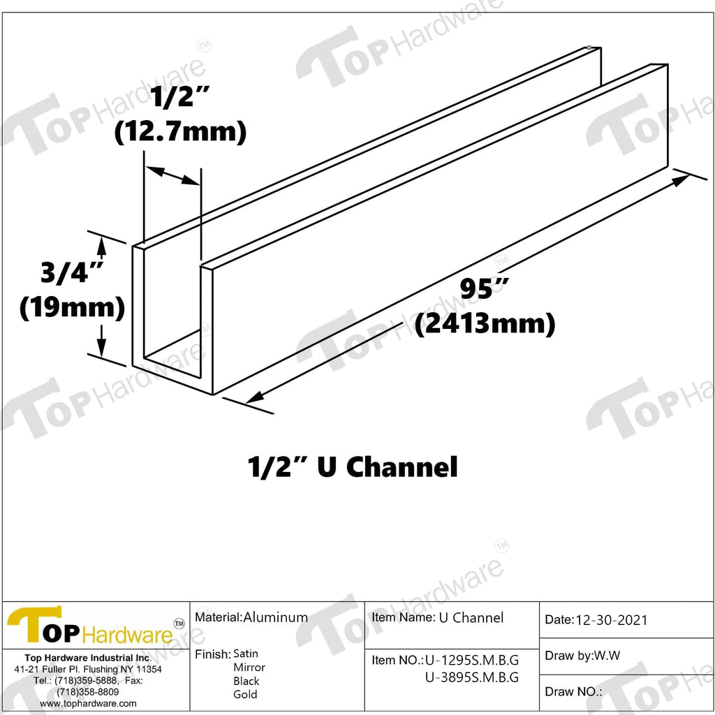 Aluminum Fixed Panel Shower Door U Channel for 1/2' Thick Glass 95 inches Length (5, Chrome Finish)