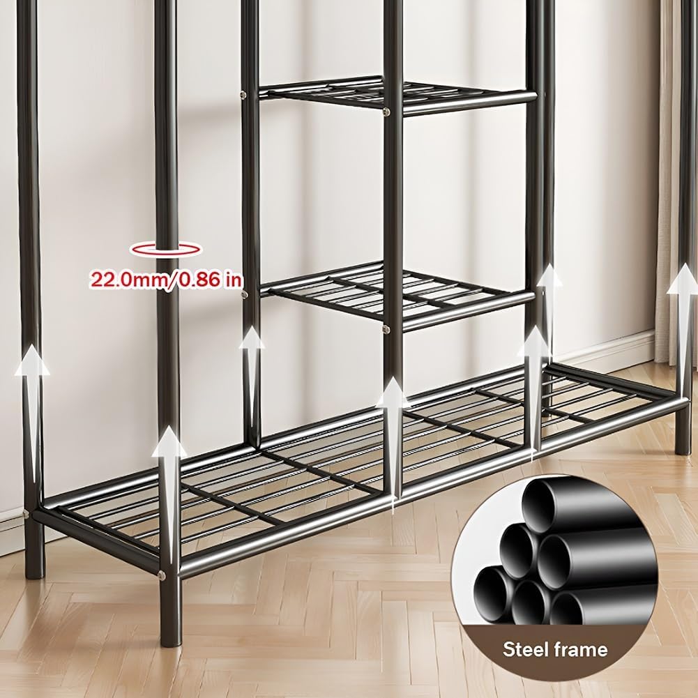 Wardrobe Closet for Hanging Clothes, Large Storage Organizer with Shelf, Freestanding Metal Garment Rack for Bedroom, Cloakroom