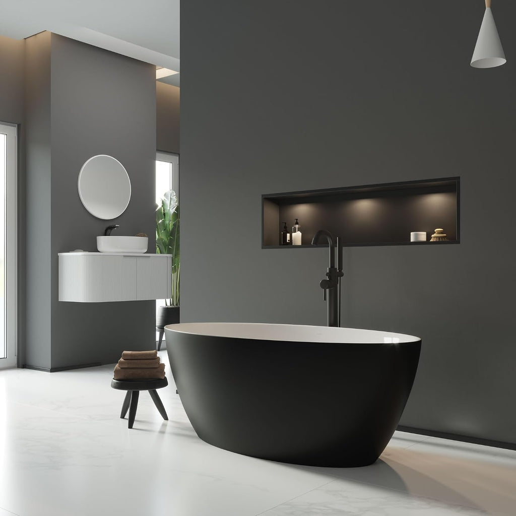 Dowell 59' x 30' Modern Acrylic Freestanding Bathtub | Elegant Oval Soaking Tub with Integrated Overflow for Bathroom, Matte Black-080 5930 02