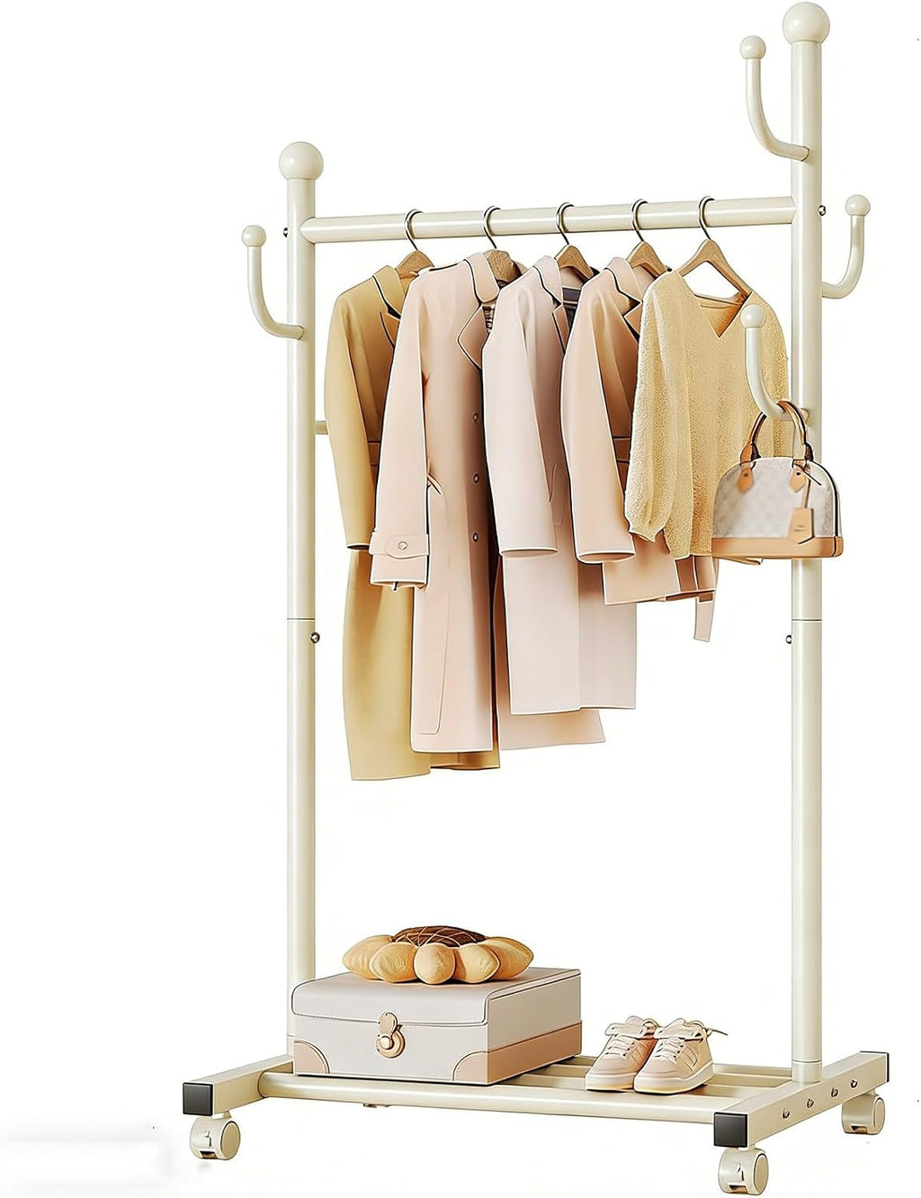 Heavy-Duty Clothes Rack,Metal Rolling Garment Racks on Wheels with Storage Shelf and Hooks,Mobile Clothing Organizer for Coats,Bags & Accessories,for Bedroom, Entryway,Black(White,60cm(23.6in))