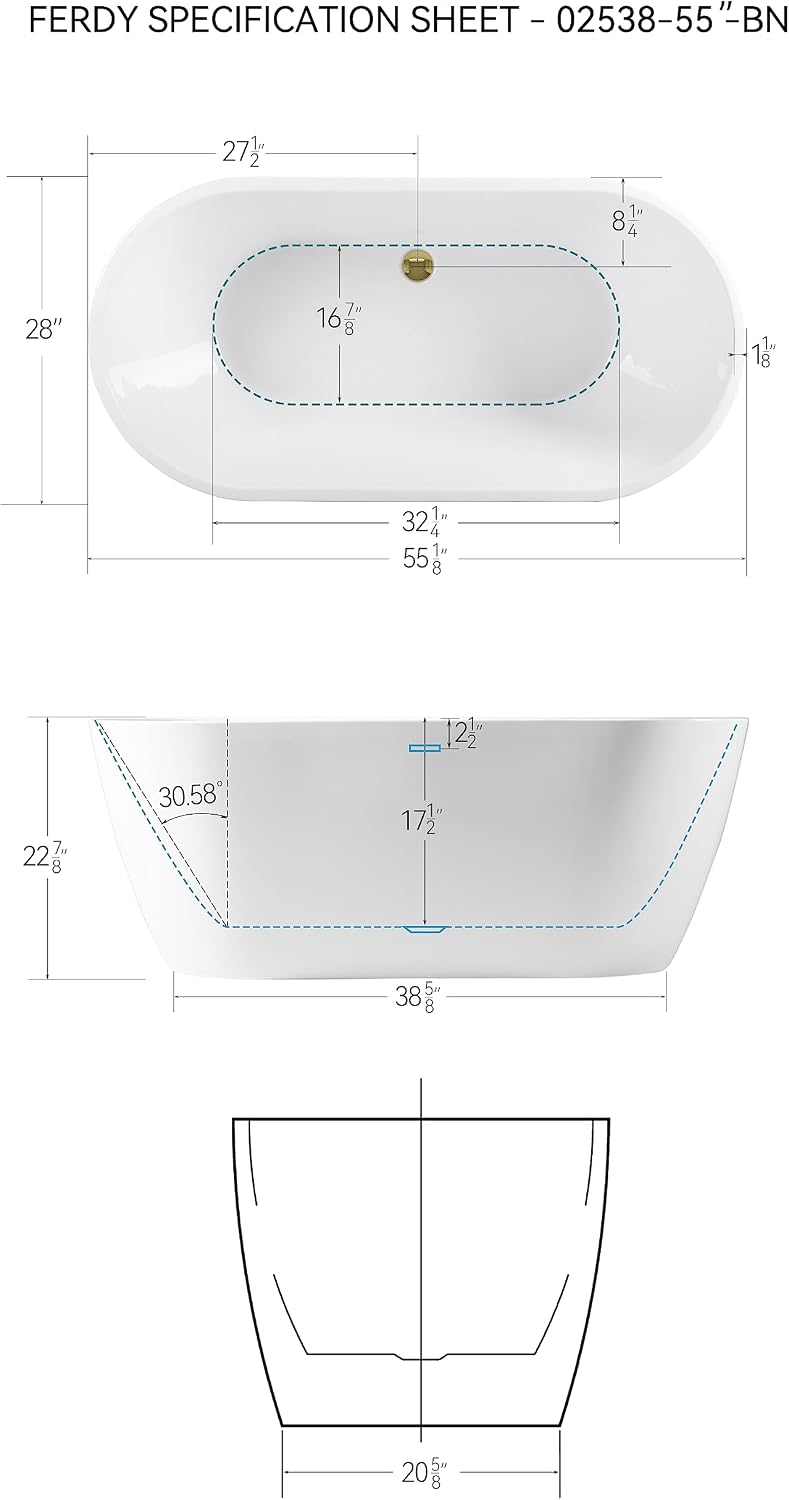 FerdY Bali 55' Freestanding Bathtub, Glossy White Freestanding soaking tub with Polished Gold Drain& Bath Pillow for Bathtub,Thick Tub Pillows, Ergonomic Head Neck and Back Support