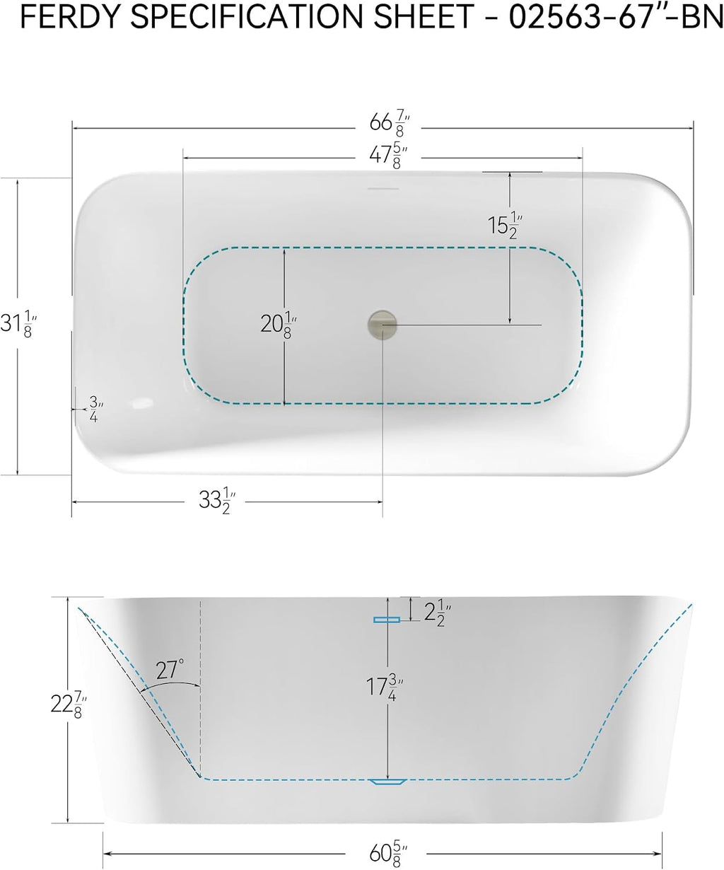 FerdY Maui 67' Acrylic Freestanding Bathtub, Contemporary Elegant Design Soaking Tub with Brushed Nickel Drain and Minimalist Linear Design Overflow, Easy to Install
