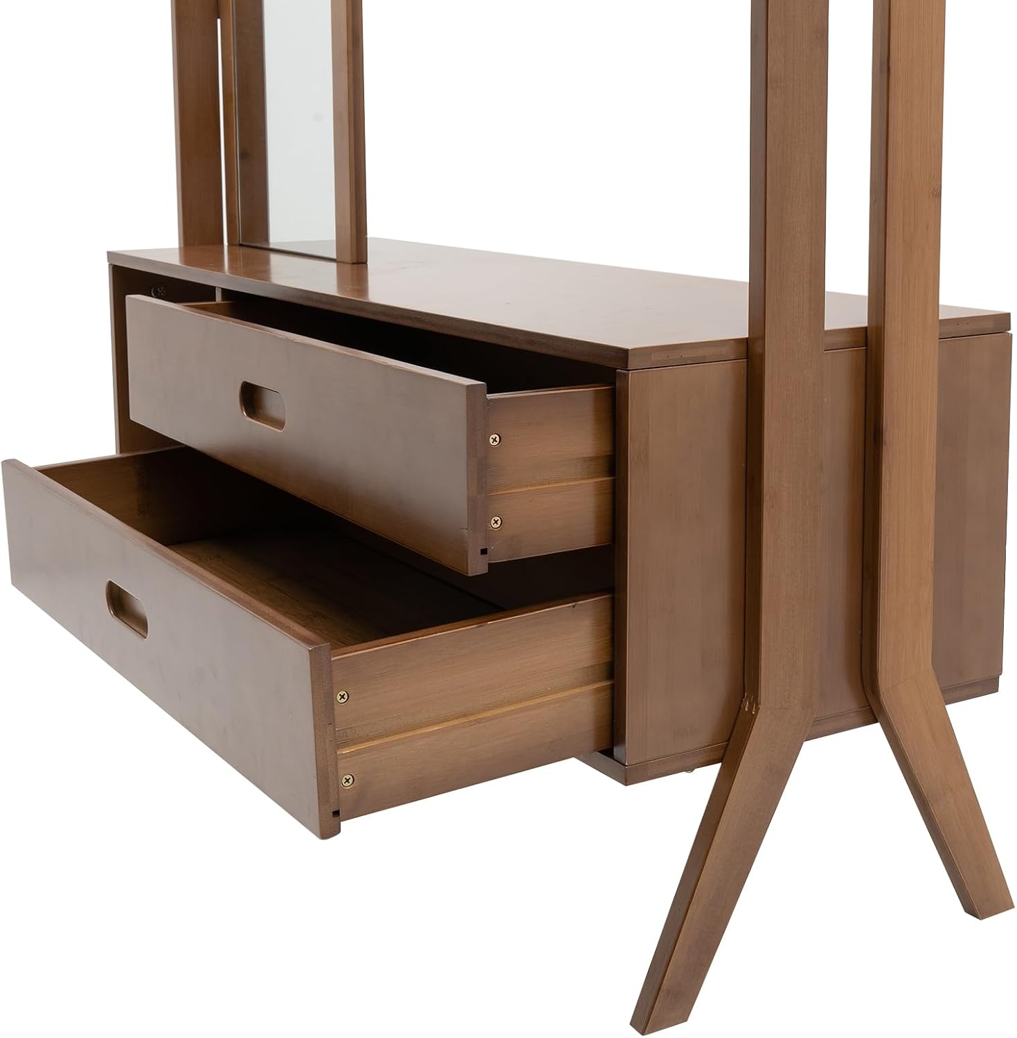 Bamboo Garment Rack with Mirror, Freestanding Wooden Closet Organizers with 2 Storage Drawers&Hooks, Vintage Coat Rack, Open Wardrobe for Entryway Bedroom Living Room