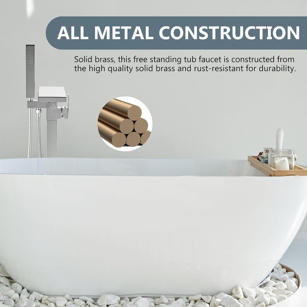 Aolemi Freestanding Bathtub Faucet Floor Mount Tub Filler with Handheld Spray Single Handle Free Standing Bathroom Faucets Swivel Flat Waterfall Spout Polish Chrome