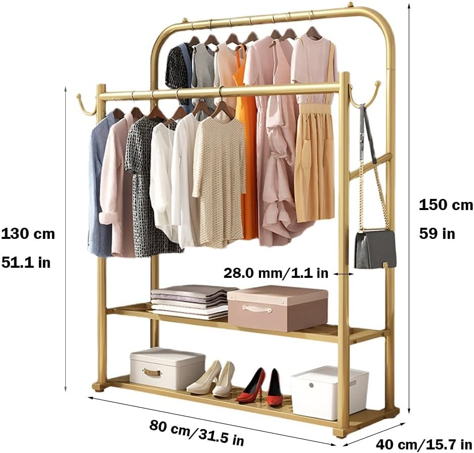 Gold Garment Rack with 2 Rods, Hooks and 2 Storage Shelf Freestanding Clothing Rack for Hanging Clothes(80x40x150cm)