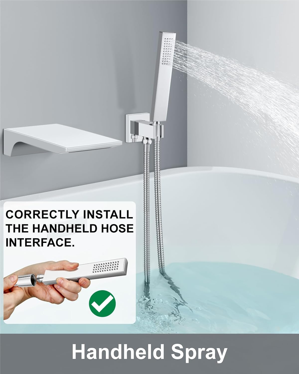 Aolemi Wall Mount Bathtub Faucet,Tub Faucet Set Waterfall Wall Mounted Tub Filler with Handheld Sprayer Single Handle,Polish Chrome