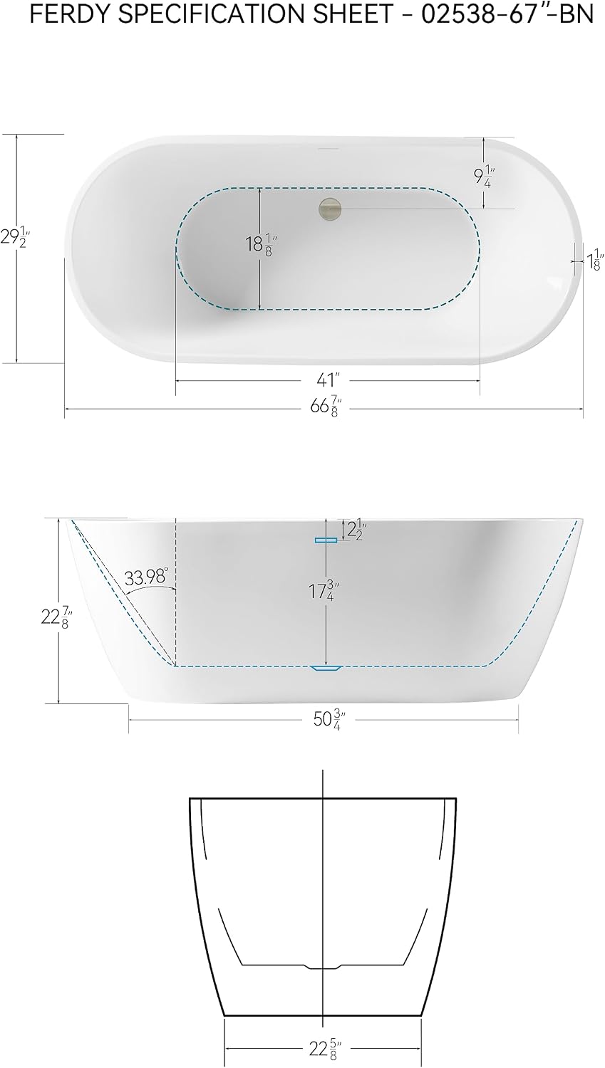 FerdY 67' Acrylic Freestanding Bathtub, Contemporary Soaking tub with Brushed Nickel Drain & Overflow, cUPC Certified, Elegant Oval Shape, Bali
