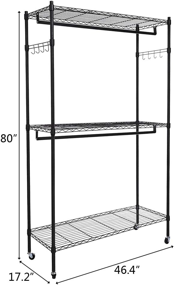Garment Racks, 2Tier Rod Closet Organizer Garment Rack Clothes Storage Hanger Shelf Hooks Adjustable Wire Shelving Clothes Rack with Double Side Hooks, Freestanding Steel Wardrobe Rack