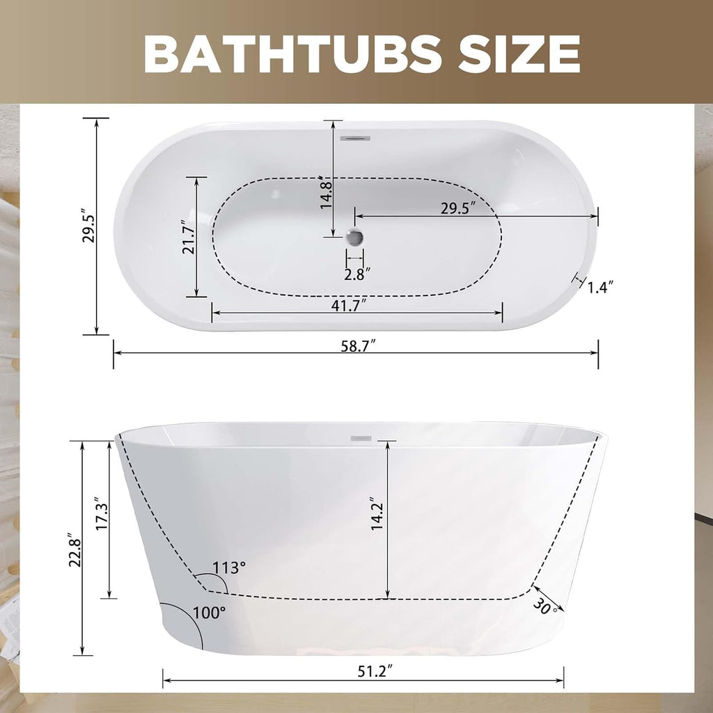 59' Acrylic Freestanding Bathtub, Stand Alone Soaking Tub with Toe-tap Chrome Drain Free Standing Bathtubs CUPC Certified, White