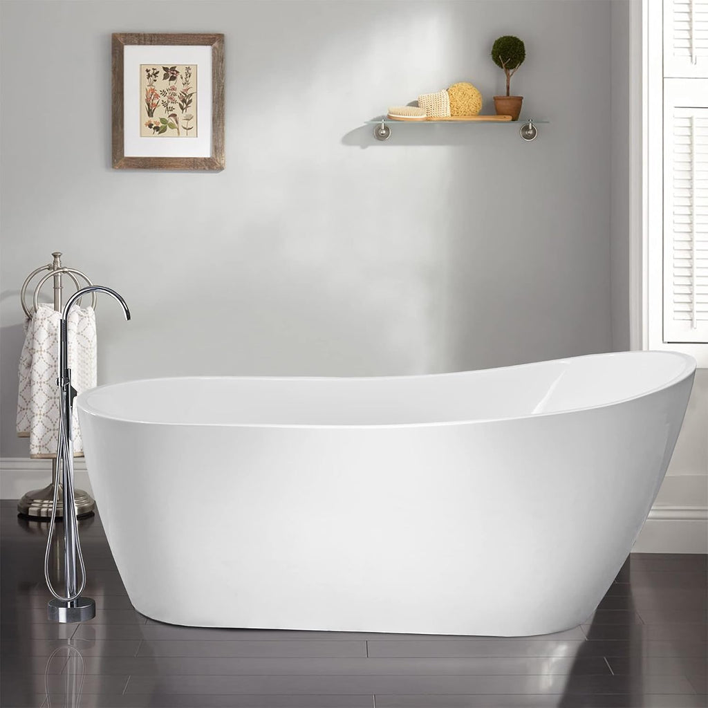 Vanity Art 59 X 29 Inch White Acrylic Freestanding Bathtub | Contemporary Design Soaking Tub with Pop-up Drain and Slotted Overflow Included, UPC Certified VA6904-S-TG