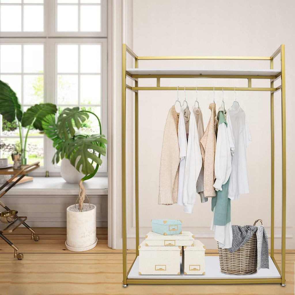 Gold Clothes Rack, Metal Freestanding Garment Rack Clothes Display Storage Stand Wardrobe Closet for Hanging Clothes Heavy Duty Garment Rack for Bedroom Closet Clothes Or Retail