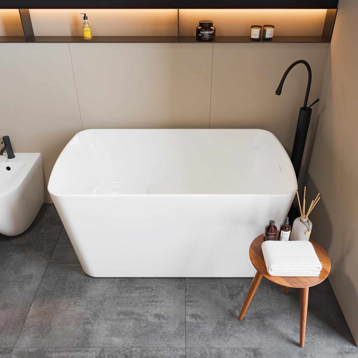 49 Inch Freestanding Bathtub, Acrylic Freestanding Tub with Drain, Overflow & Flexible Drain Pipe, Glossy White Small Soaking Tub for Apartment or Guest Bathroom