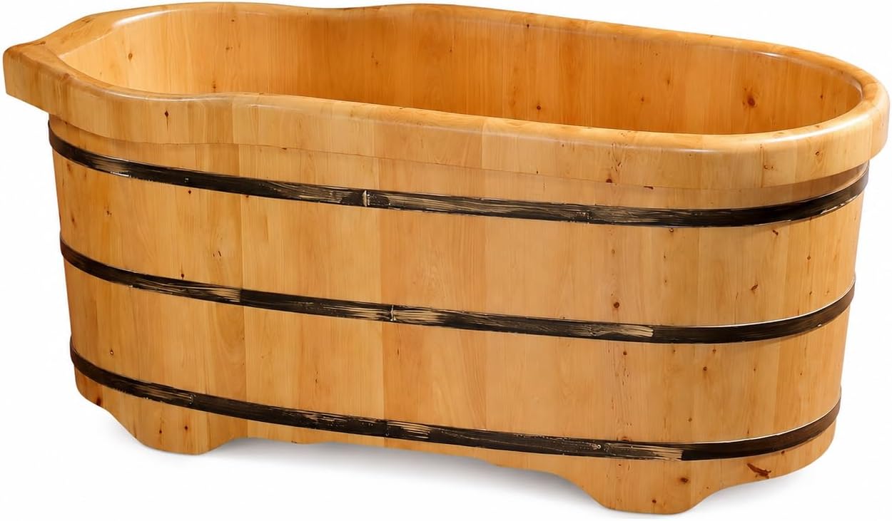 Premium Cedar Wood Freestanding Bath Tub, 51' 55' 59' Deep Soaking Tub with Solid Wood Construction & Drain Hose (59')