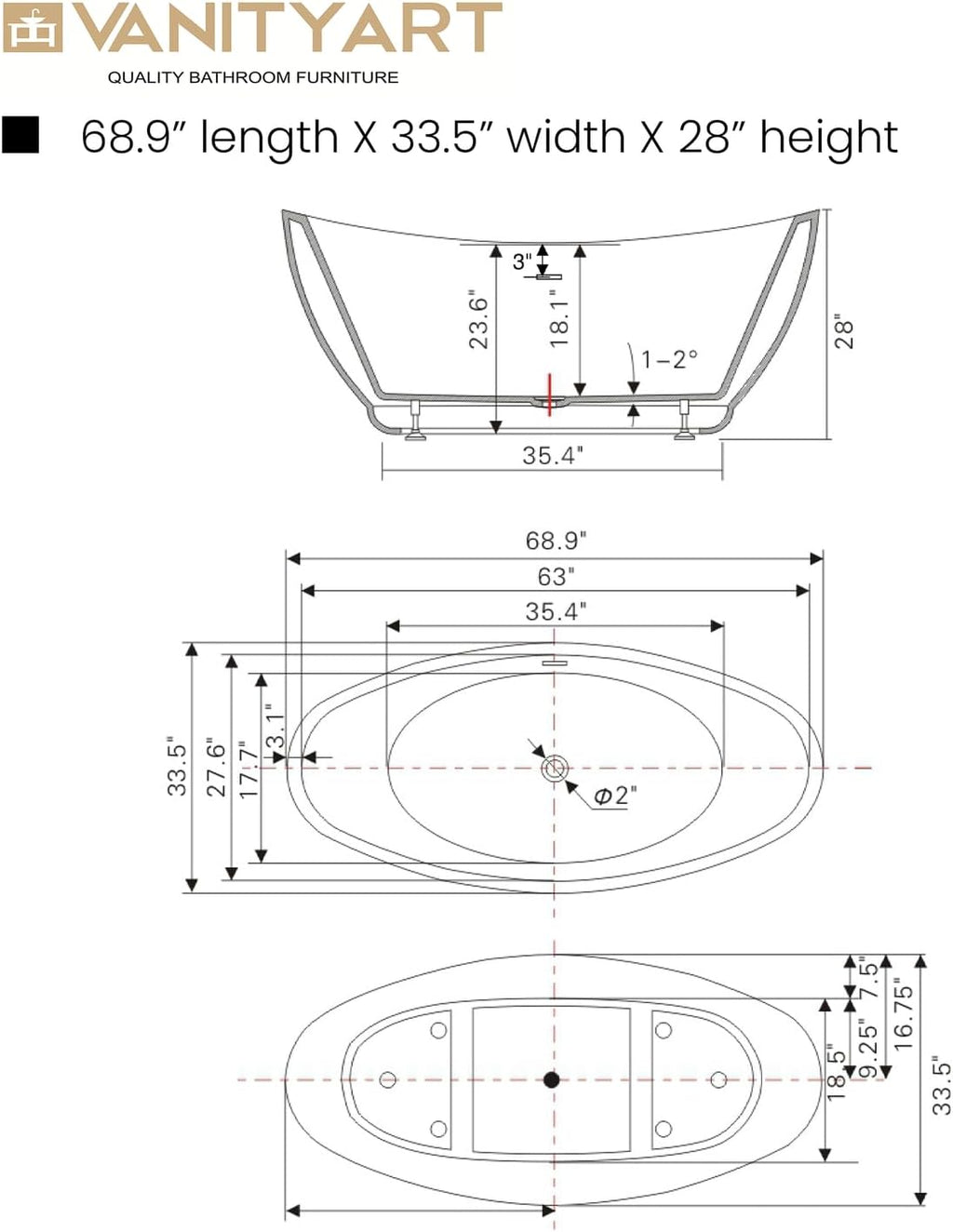 Vanity Art 69 Inches Freestanding Acrylic Bathtub Modern Stand Alone Soaking Tub with UPC Certified Slotted Overflow and Pop-up Drain VA6516