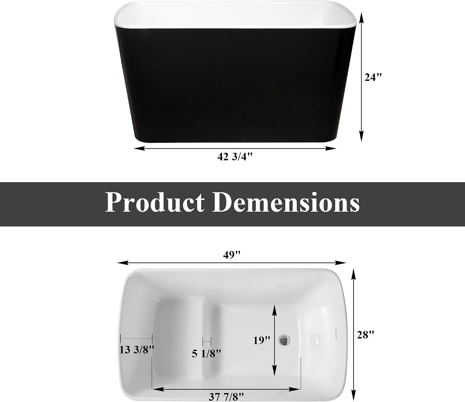 Casainc 49' Acrylic Freestanding Bathtubs, Square Shaped Japanese Soaking Tub with Seat Design, Chrome Drain & Overflow, cUPC Certified (Black)