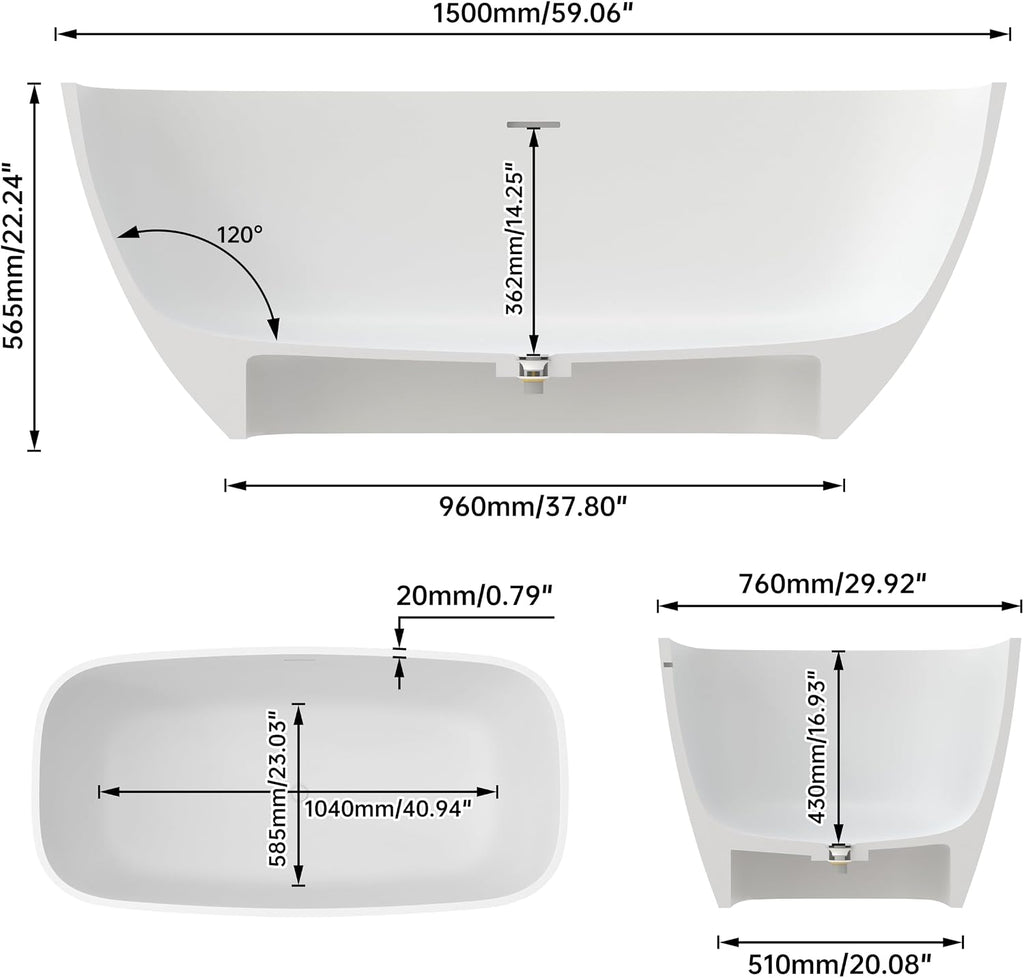59'' Freestanding Bathtub Resin Stone Deep Soaking Tubs Solid Surface Matte Tub with Overflow and Pop-up Drain