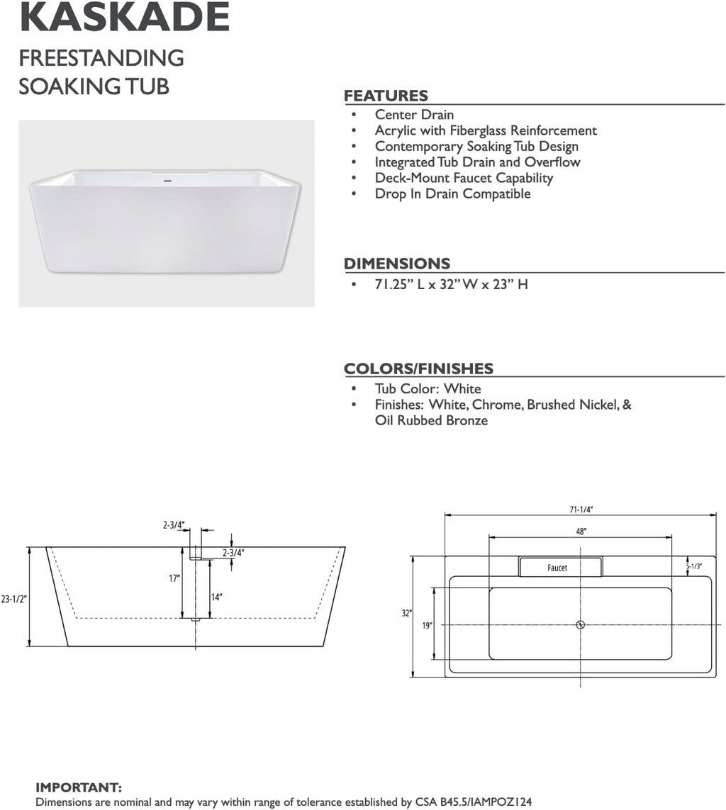 Carver Tubs - Kaskade 71' - Modern White Freestanding Soaking Bathtub - Modern Rectangle Acrylic Tub With Chrome Drain and Center Slotted Overflow Included - Deep Relaxing Soak - 71″L x32'W x 23'H