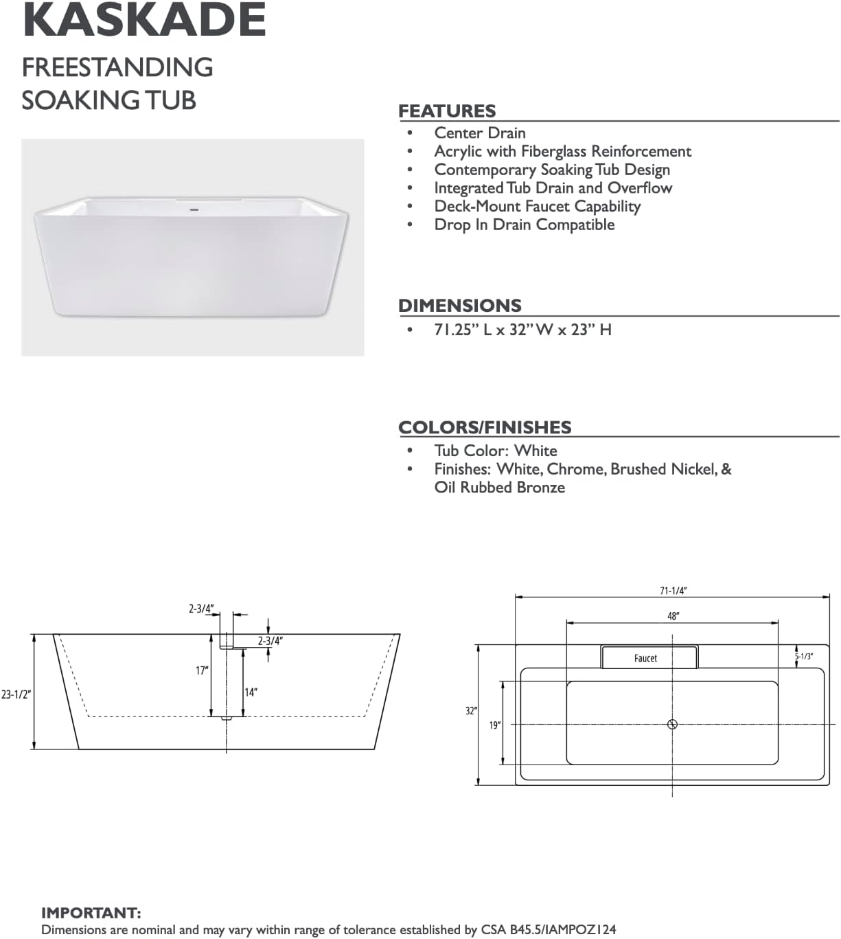 Carver Tubs - Kaskade 71' - Modern White Freestanding Soaking Bathtub - Modern Rectangle Acrylic Tub With Chrome Drain and Center Slotted Overflow Included - Deep Relaxing Soak - 71″L x32'W x 23'H