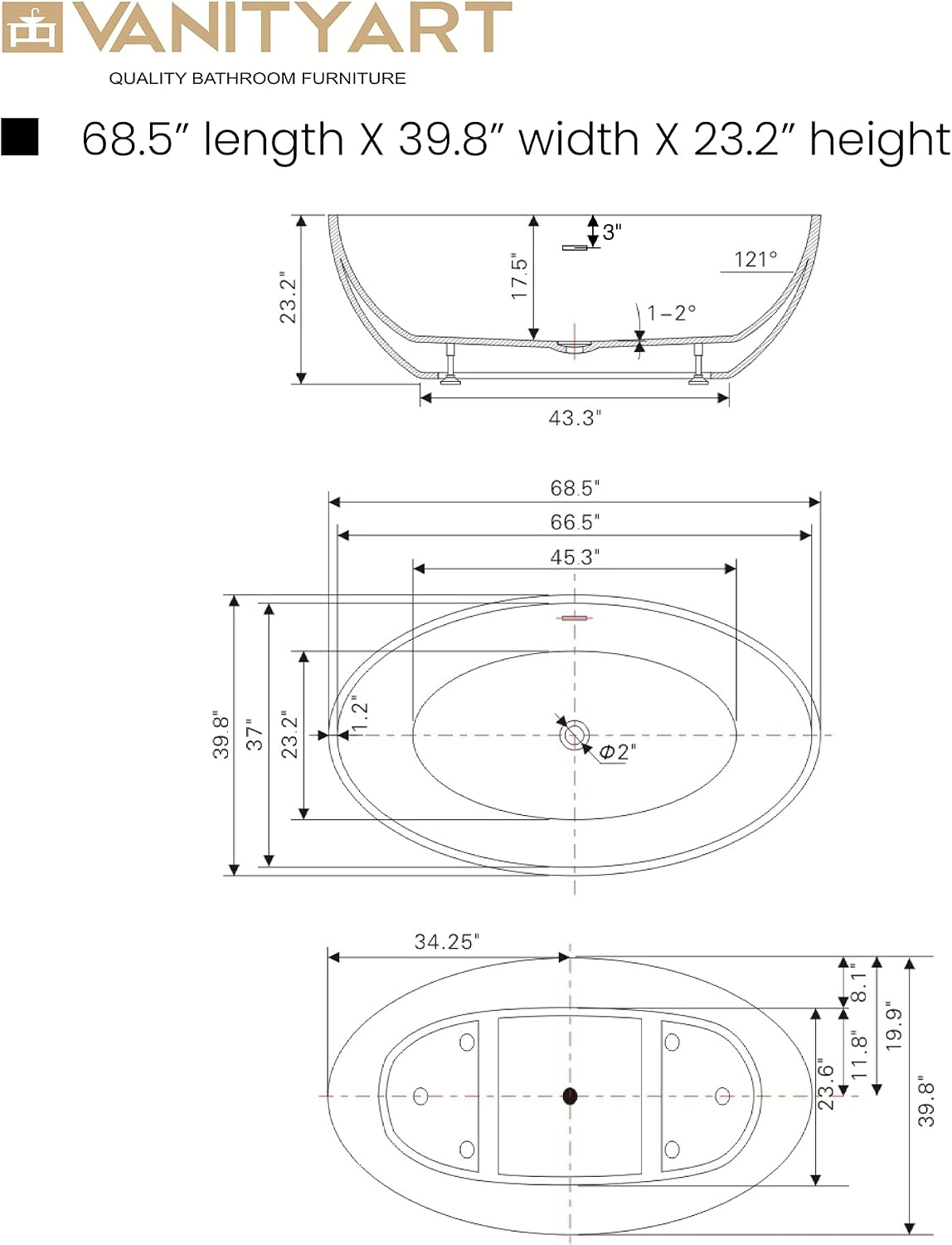 Vanity Art 69' X 40' Freestanding Bathtub | Home Improvement Bathtubs with Contemporary Design for Soaking and Bathing, Overflow and Pop-up Drain with UPC Certified, Acrylic, VA6834-L-TG