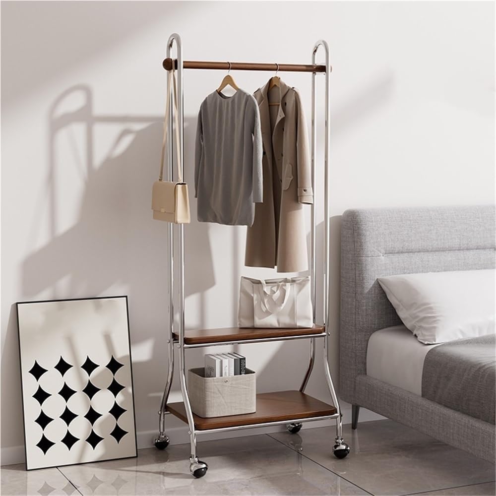 Metal Coat Rack with 2 Shelves Storage, Modern Solid Wood Hanging Rod Clothes Rack, Movable Freestanding Garment Rack for Entryway, Bedroom or Living Room(Brown)