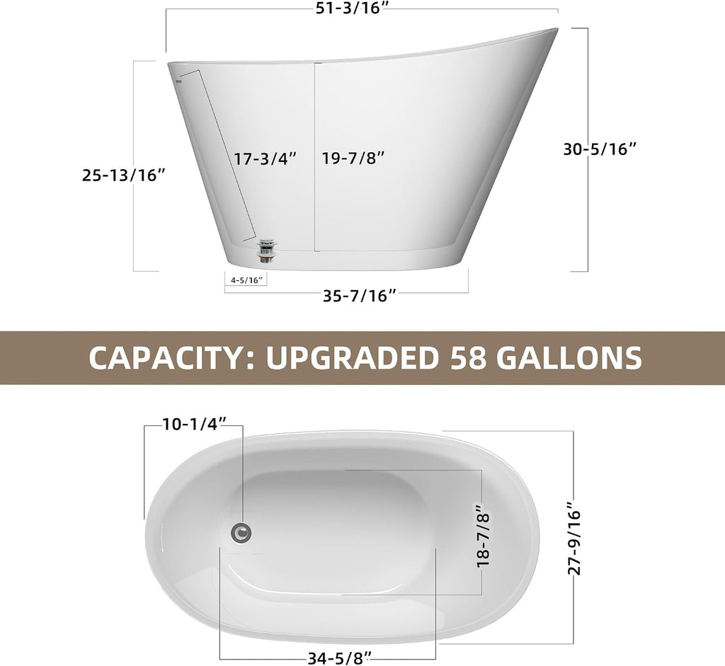 GETPRO Free Standing Tub 51' Deep Soaking Bath Tub, Oval Shape Acrylic Freestanding Bathtub with Integrated Slotted Overflow and Removable Anti-clogging Drain Glossy White