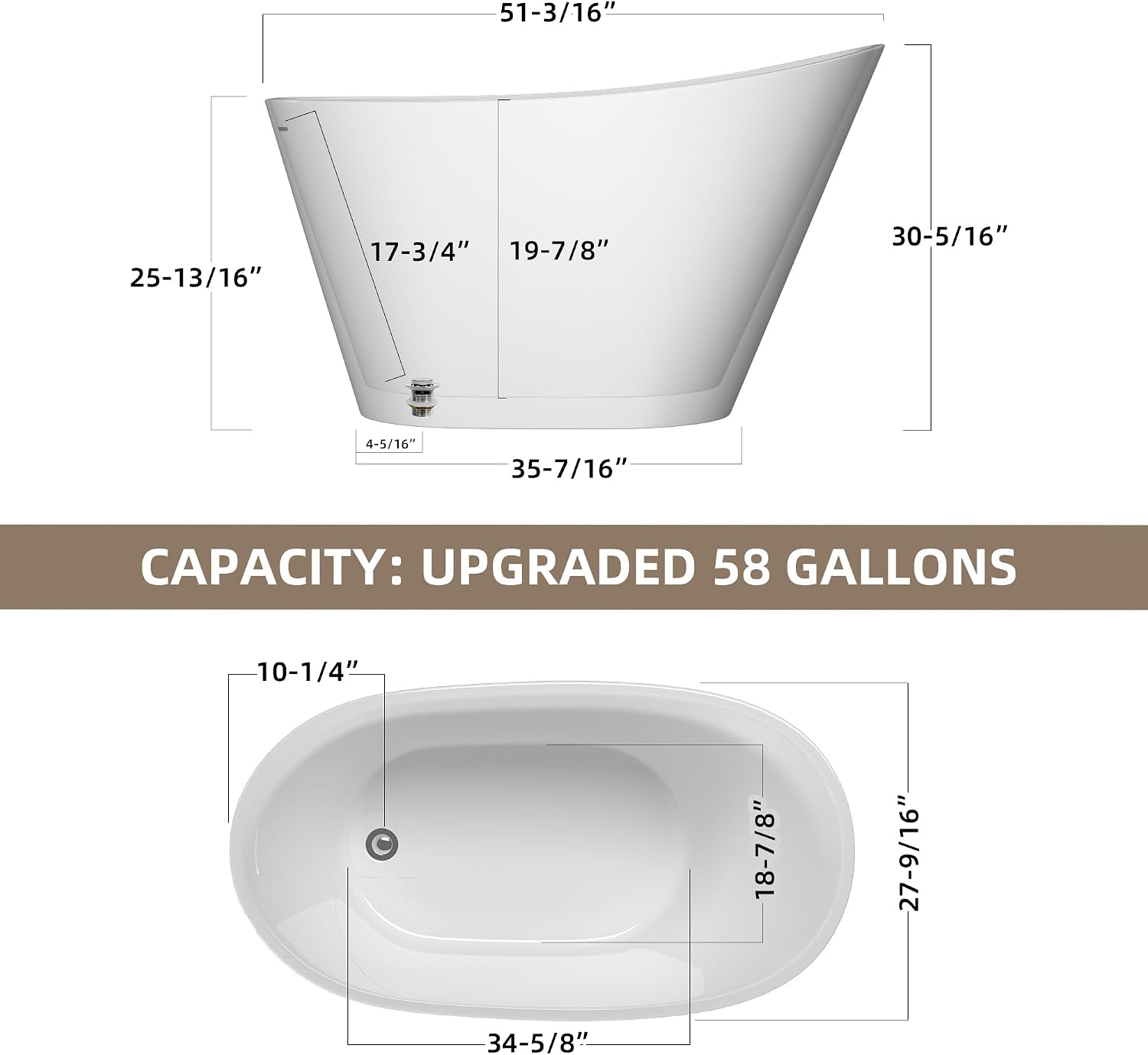 GETPRO Free Standing Tub 51' Deep Soaking Bath Tub, Oval Shape Acrylic Freestanding Bathtub with Integrated Slotted Overflow and Removable Anti-clogging Drain Glossy White