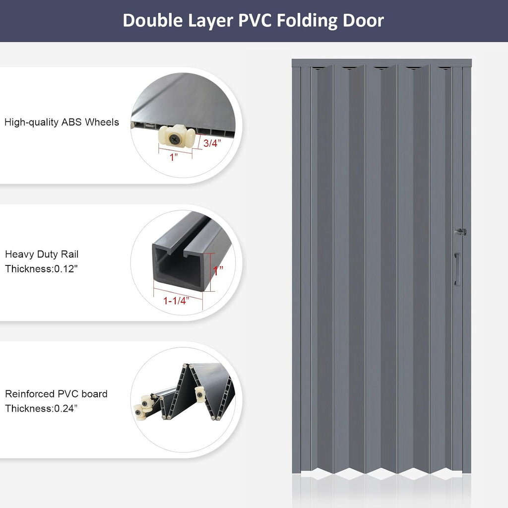 DIYHD 38X80in Interior Folding PVC Accordion Door,Grey,Include Door and Mounting Hardware,Handle,Latch,Folded Width 5-1/8'