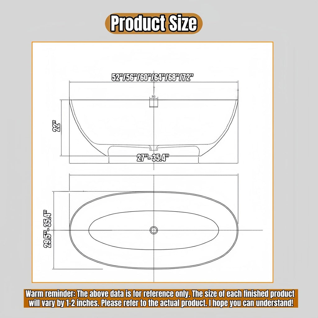 52' Edeyeu Freestanding Bathtub - Solid Surface, Extra Deep Soaking Tub, Luxurious Free Standing Bathtub for Home, Spa, Hotel, Durable Acrylic Soaker Tub with Modern Design, White