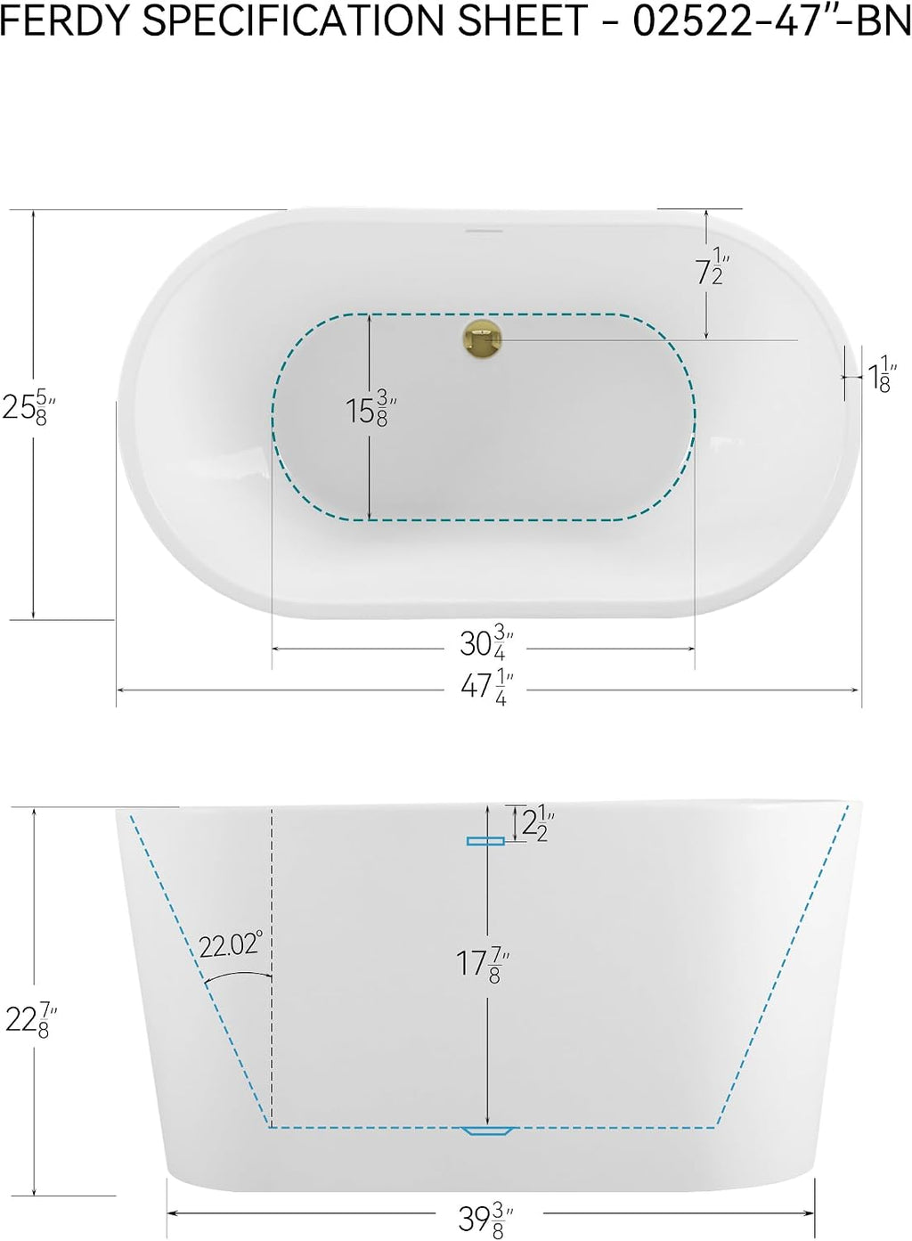 FerdY Shangri-La 47' Acrylic Freestanding Bathtub, Small Classic Oval Shape Acrylic Soaking Bathtub with Polished Gold Drain & FerdY Back Scrubber for Shower,Long Handled Loofah on a Stick