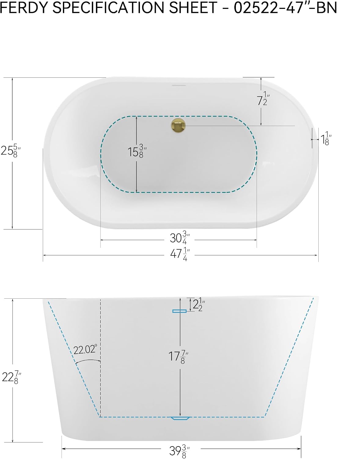 FerdY Shangri-La 47' Acrylic Freestanding Bathtub, Small Classic Oval Shape Acrylic Soaking Bathtub with Polished Gold Drain & FerdY Back Scrubber for Shower,Long Handled Loofah on a Stick