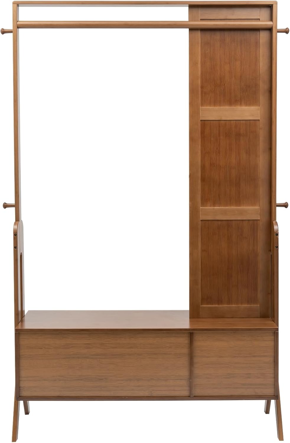 Bamboo Garment Rack with Mirror, Freestanding Wooden Closet Organizers with 2 Storage Drawers&Hooks, Vintage Coat Rack, Open Wardrobe for Entryway Bedroom Living Room