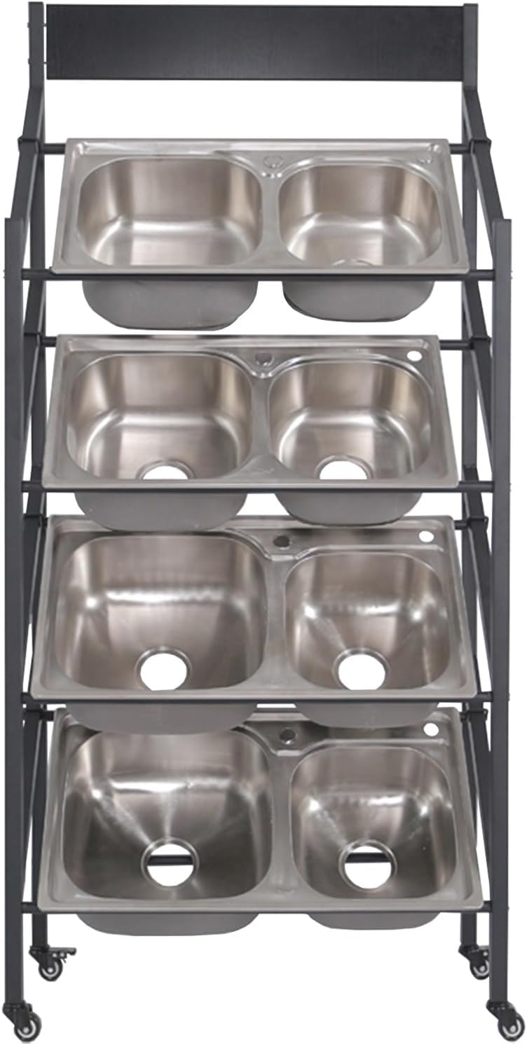 4 Tiers Large Wash Basin Display Rack with Wheels, Commercial Metal Washbasin Sample Display Stand for Household Shops, Adjustable Width Rolling Rack(with Wheel-4 Layers - L 90cm/35.4in