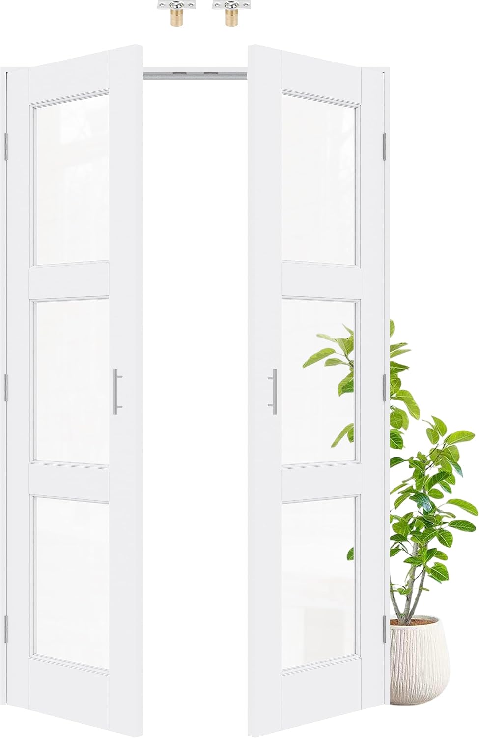 48' x 80' Ball Catch French Doors, 3 Panel Clear Glass Solid Core Pre-Finished & Paintable Double Doors with Ball Catches & Hinges & Handles, White Door, Swing Closet Door Interior