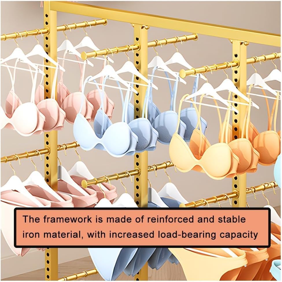 Freestanding Boutique Clothing Rack - Adjustable Underwear & Socks Display Stand, Floor-Standing Lingerie Organizer, Retail Shelves for Bra & Shorts (Gold, 130x40x130cm)