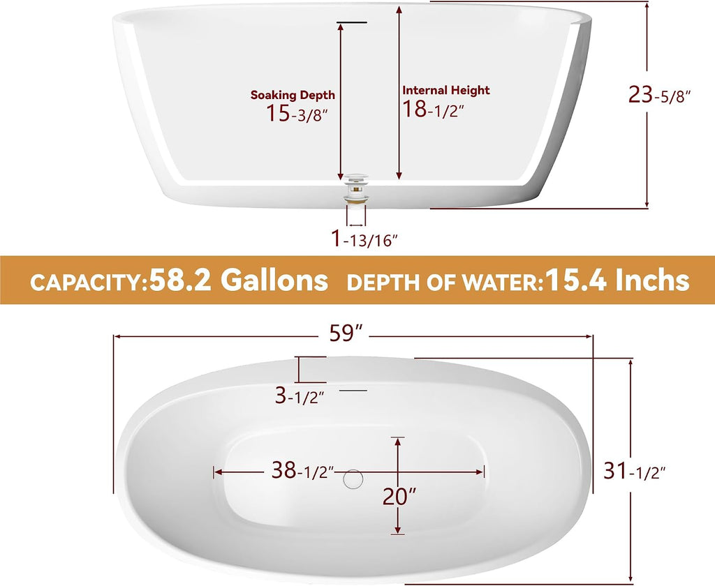 59' Free Standing Tub, Pure Acrylic Freestanding Bathtub, Stylish Stand Alone Contemporary Deep Soaking Bath Tub, cUPC Certified SY5850 (Glossy White)