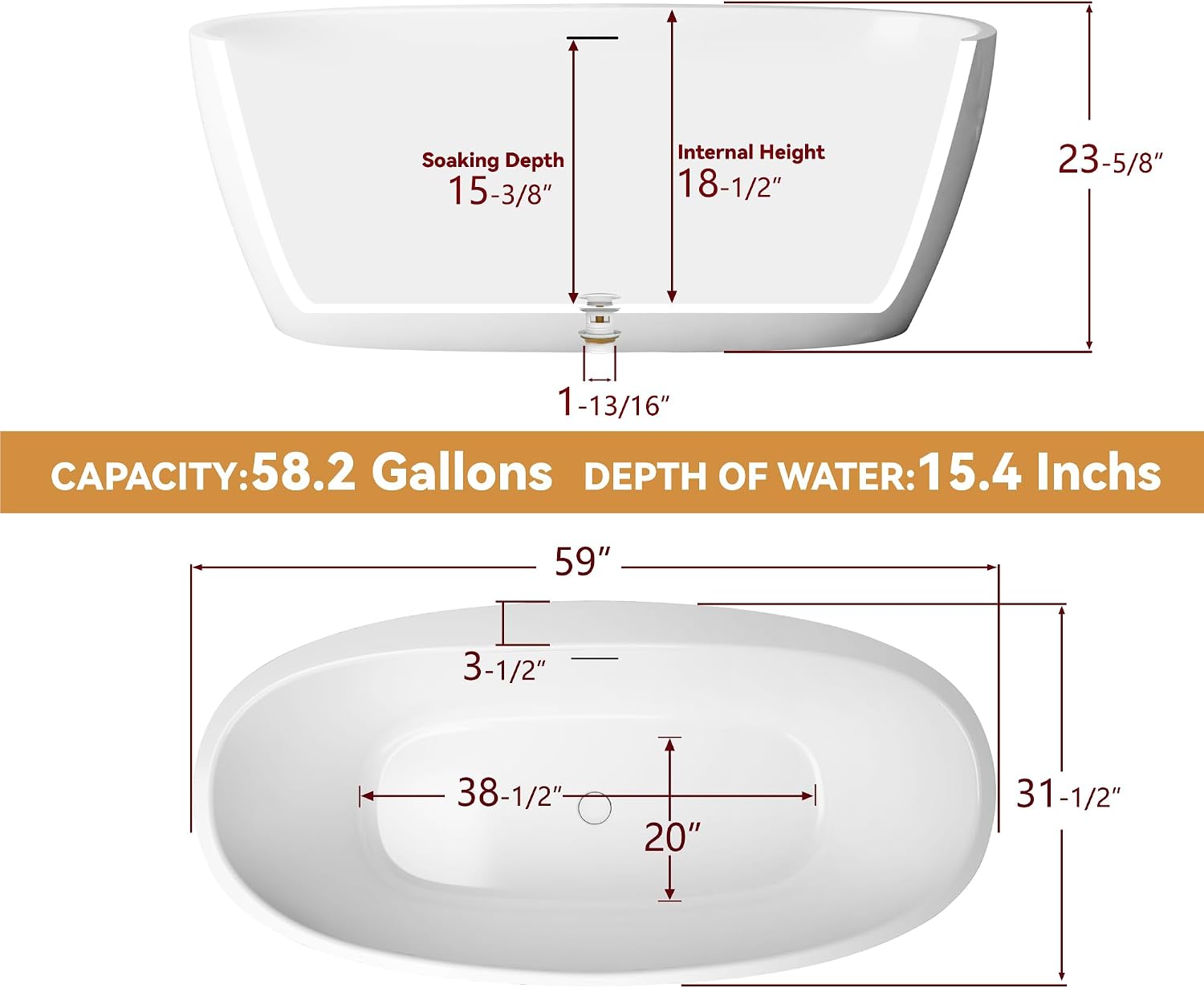 59' Free Standing Tub, Pure Acrylic Freestanding Bathtub, Stylish Stand Alone Contemporary Deep Soaking Bath Tub, cUPC Certified SY5850 (Glossy White)