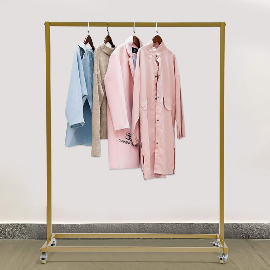 52.8' Boutiques Retail Gold Clothing Racks with Wheels, Rolling Garment Rack Clothing Store Hanger Storage Shelves,Commercial Closet